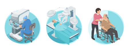 Robotic surgical systems medical technology operating room for precision and faster recoveries doctor use robot arm isometricのイラスト素材
