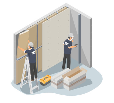 Soundproof walls service sound engineer team anti noise sound proof protect from outside wall house bedroom isometricのイラスト素材