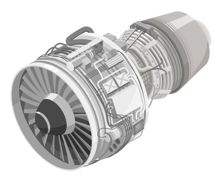 Aircraft jet engine simple airplane turbine gas technology engineering diagram inside equipment for maintenance isometric isolated on whiteのイラスト素材