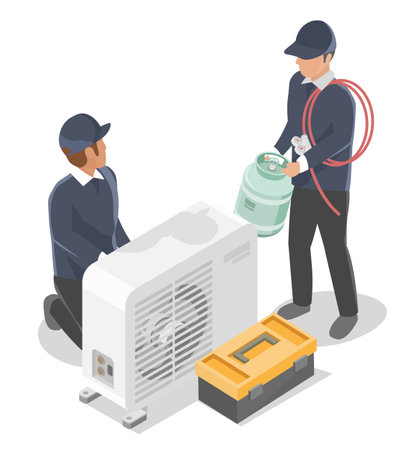 Air Conditioner Repairman compressor Home Services install clean maintenance house delivery team graphic isometric isolated vectorのイラスト素材
