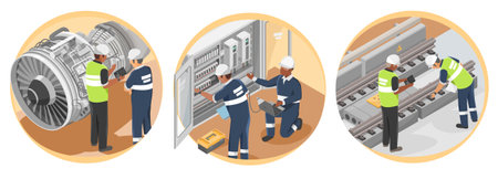 African Engineer work Railway Aircraft and Elevtric Inspector and maintenance black people men working with asian isometric for industry and construction symbolsのイラスト素材