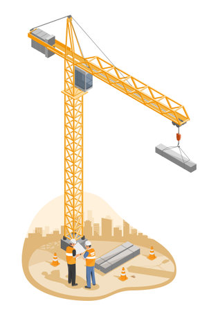 Engineer and Foreman talking under Hammerhead Tower Crane heavy-duty lifting system Construction site tools and equipment isometric isolated illustration vectorのイラスト素材