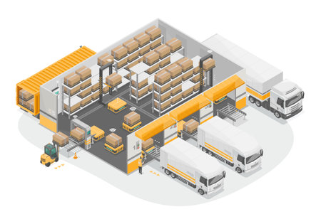 Smart Warehouse Yellow heavy cargo robot carry for iot shipping and business system or big logistics smart factory isometric isolate vectorのイラスト素材