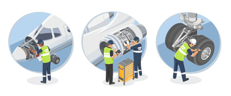 Airplane Engineer Technician Aircraft Jobs Concept Maintenance  and Repair Service Small Jet engine Flight illustration isometric isolated vectorのイラスト素材