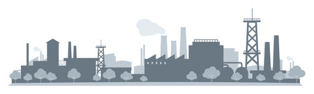 Industrial factories silhouette outline shadow with trees background blue monochrome isolatedのイラスト素材