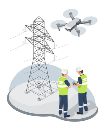 Electricity Engineer or Inspector using Drone Cam inspecting and maintaining Electric Technician maintenance or worker at hight electrical transmissian tower high volt from power pのイラスト素材