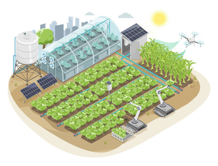 Smart Farming with Solar panel and robot cultivator and drone farm iot system equipment ecology for agricultural near city isometric isolated vector cartoonのイラスト素材