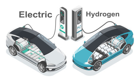 Electric car vs hydrogen Fuel Cell  EV future technology for zero emissions ecology clean power Concept isometric isolated vectorのイラスト素材