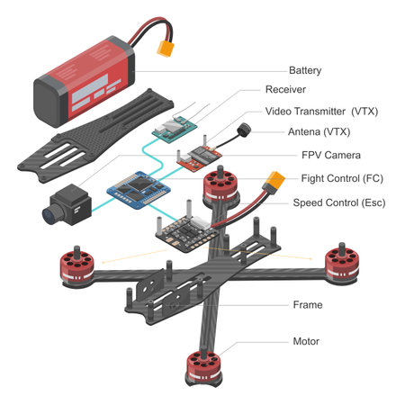 FPV Drone Racing freestyle RC Drone Parts Diagram Pro sport flight system hobby Toys isometric isolated illustration on white&nbsp;のイラスト素材