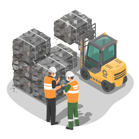 Garbage sorting and recycling management compressed garbage piles using forklift in recycle industry environmental career illustration isometric isolate vectorのイラスト素材