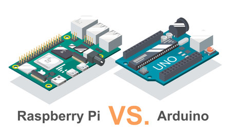 Arduino vs Raspberry Pi microcontroller coding computer projects for beginners illustration isometric isolate vectorのイラスト素材