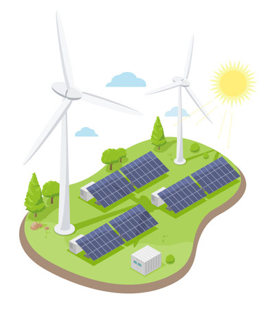 Windmill wind energy and Solar plant Green power eco technology symbols concept Electricity illustration isometric isolated vectorのイラスト素材