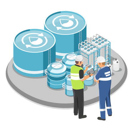 Engineer water management Industrial Wastewater Treatment process in factory plant ecology sewage treatment concept cartoon symbols  isometric isolated illustration vectorのイラスト素材