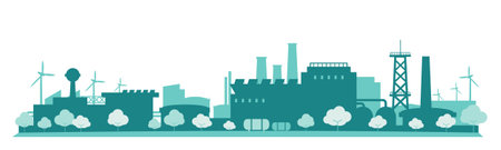 Green eco Industrial factories 
low emission zone silhouette factory zone outline shadow background monochromeのイラスト素材