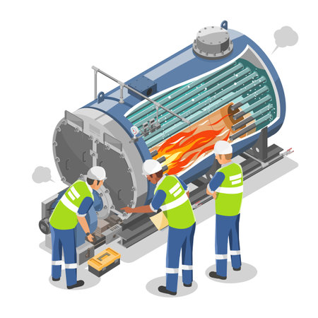 ndustrial Boiler show inside inspection and maintenance concept Engineer and mechanician working Factory How work Machine isometric machinery concept cartoon vector isolated illustのイラスト素材