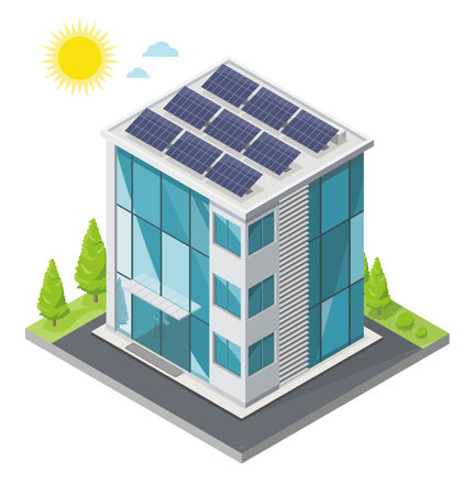 Office isometric Work Station Glass Building with solar palnels for save energy ecology concept top view out door isolated illustration cartoon cityscapeのイラスト素材