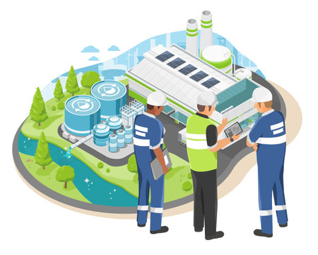 Industrial Engineer management plan Wastewater Treatment process in factory plant ecology sewage treatment for save world ecology and low emission zone concept cartoon symbols isoのイラスト素材