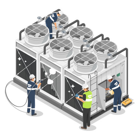 Industrial large Air Conditioner Engineer and technician Cleaning Machine and Maintenance Concept on roof of factory isolated Isometric illustration cartoon vectorのイラスト素材