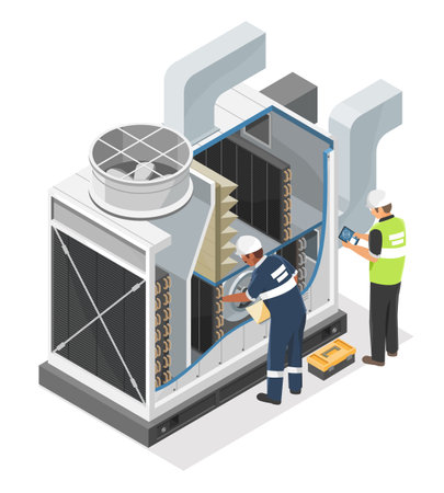 Engineer and technician maintenance service HVAC Industrial large Heating Ventilation and Air Conditioning system Diagram Isometric illustration cartoon vectorのイラスト素材