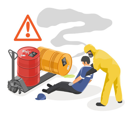 No safety No protection careless worker lose consciousness in Toxic waste Hazardous Waste Disposal store Hazard Suit come to help industry zone concept illustration isometric isolaのイラスト素材