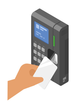 Clocking machine time recorder employee working Punch clock card reader with hand isometric isolated symbols vectorのイラスト素材