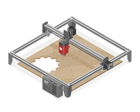 Laser cutter Engraver mini cnc machine isometric programmable isolated cartoon vectorのイラスト素材