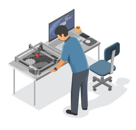 Young Engineer use Laser cutter Engraver mini cnc machine in R and D Research and Development Room to proof new products isolated isometric cartoon vectorのイラスト素材