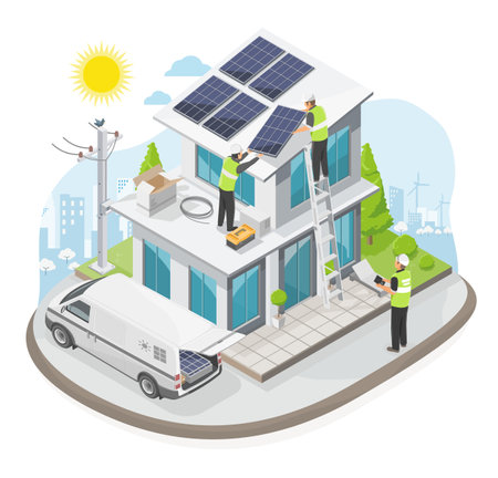Solar cell House Roof top installer team service installation solar panel on roof of Modern House in green nature ecology lifestyle out door isolated illustration cartoon vectorのイラスト素材