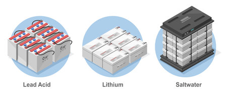 Illustration for How to choose Type of battery to install Solar cell house offgrid system power storage solar element ecology energy concept isometric symbols cartoon vector - Royalty Free Image