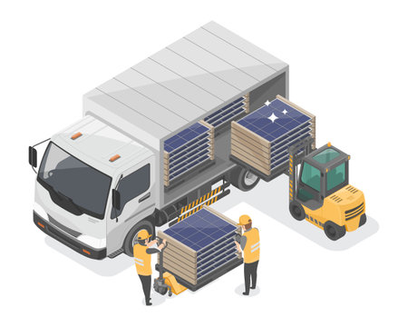 solar panels shipping to customer order online market send to installation service energy saving business concept isometric cartoon vector isolatedのイラスト素材
