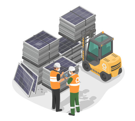 how to recycling solar panels Problem of Garbage from used solar cell panel process isometric isolated cartoonのイラスト素材