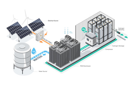 PEM water electrolyser station daigram isometric H2 green electrolyzer hydrogen generator station for factory industrial technology on white background isolated cartoonのイラスト素材