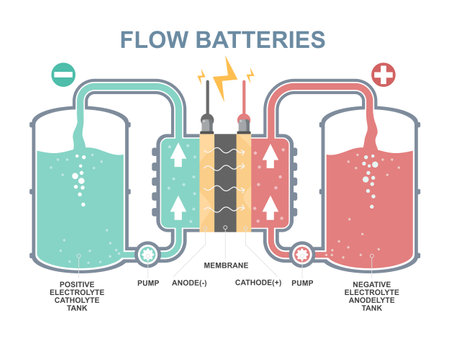 flow batteries diagram Vanadium redox battery cell to educational show positive and negative tank electrolyte and membrame to storage eco green energy from solar cell and wind turbのイラスト素材