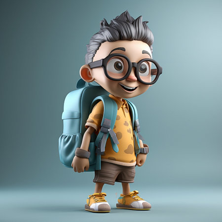 3D illustration of a cute cartoon boy with backpack and glasses.の素材