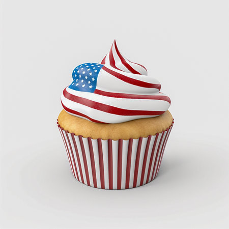 Cupcake with American flag isolated on white background. 3D illustration.の素材