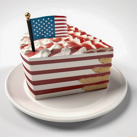 A 3d illustration of a slice of cake with the American flag on topの素材