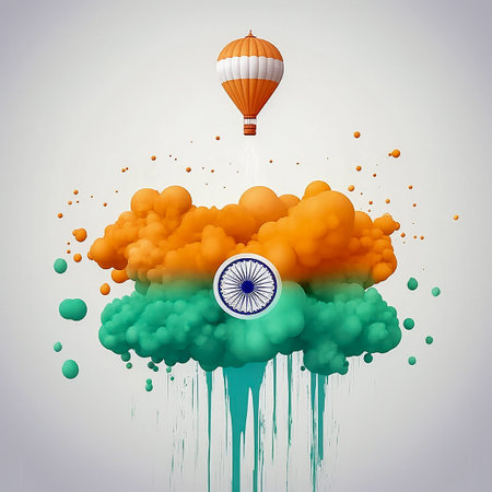 Air balloon with flag of India flying on cloud. Vector illustration.の素材