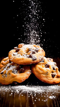 Chocolate chip cookies sprinkled with powdered sugar on a black background.の素材