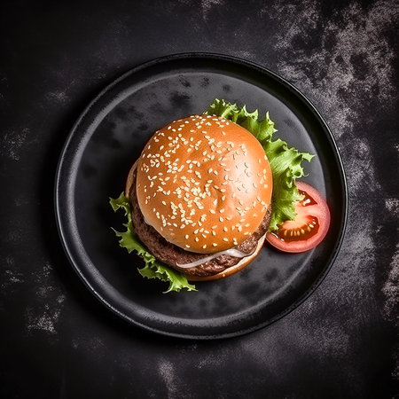 Burger on black plate. Top view. copy-space.の素材
