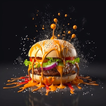 Burger with splash of sauce on a black background. 3d renderingの素材