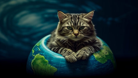 Cute tabby cat sitting on earth globe. Animal concept.の素材