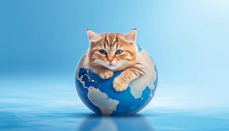 Cute cat on the planet earth, isolated on blue background.の素材