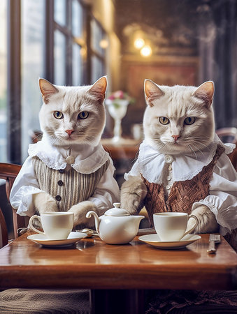 Two cats sitting at a table in a cafe and drinking tea.の素材