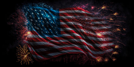 United States of America flag with fireworks on black background, independence day conceptの素材