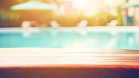 Wood Table Top And Blur Swimming Pool Background - Vintage Filterの素材