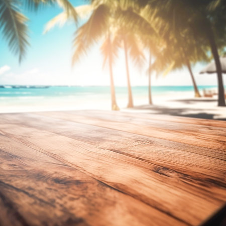 Wood table top on blur tropical beach background - can be used for display or montage your productsの素材