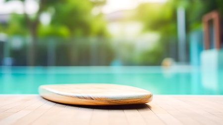 Wooden surfboard on swimming pool background with bokeh lightの素材
