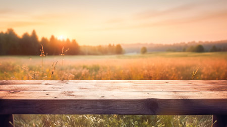 Empty table for product display montages. Wooden table in front of nature background.の素材