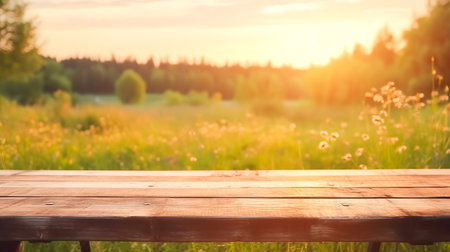 Empty table for product display montages. Wooden background with copy space.の素材
