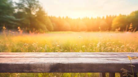 Wooden table in the meadow at sunset. Toned.の素材